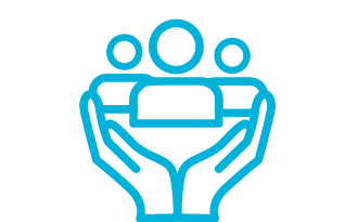 Icon of two hands embracing three people silhouettes 